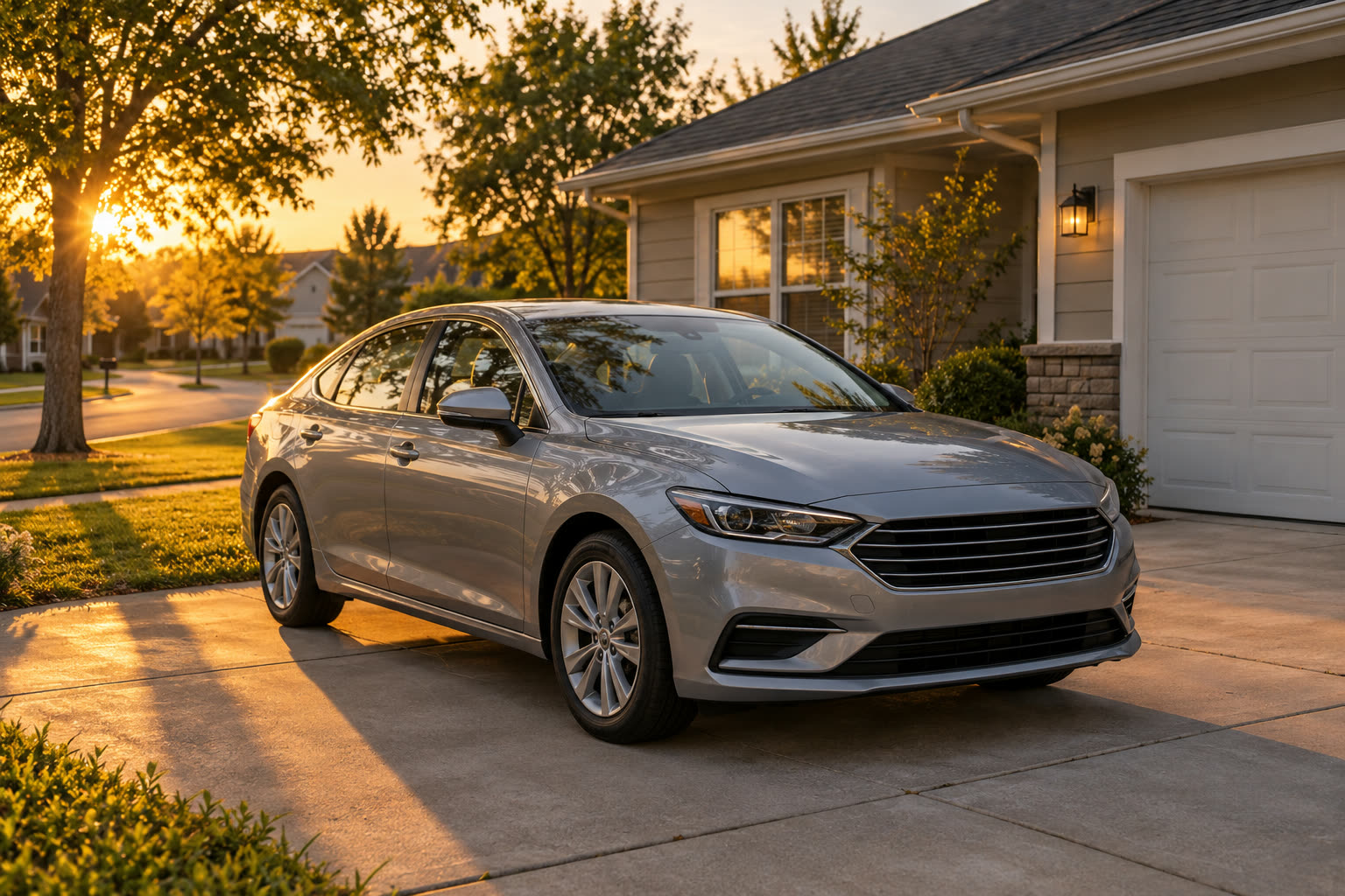A silver sedan parked in a suburban driveway at sunset